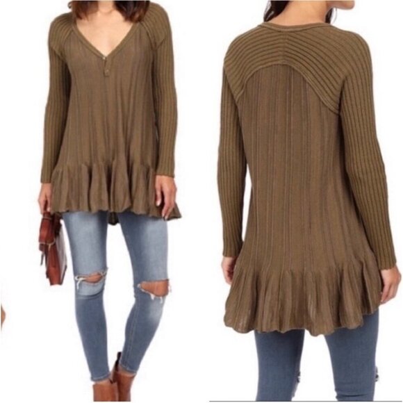 Free People Ribs & Ruffles Mini Tunic Dress Women Small Olive Granolagirl Boho - Picture 7 of 11